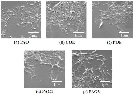 Fig. 1-22    SEM images of thickener fibers of the greases with different type of base oil  51)