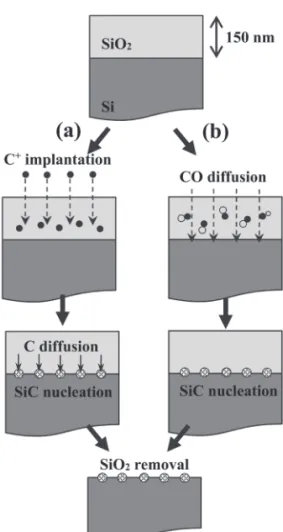 Fig. 1.  Formation processes of SiC NCs in SiO 2 /Si  samples by C ion implantation (a) and CO thermal  dif-fusion methods (b).