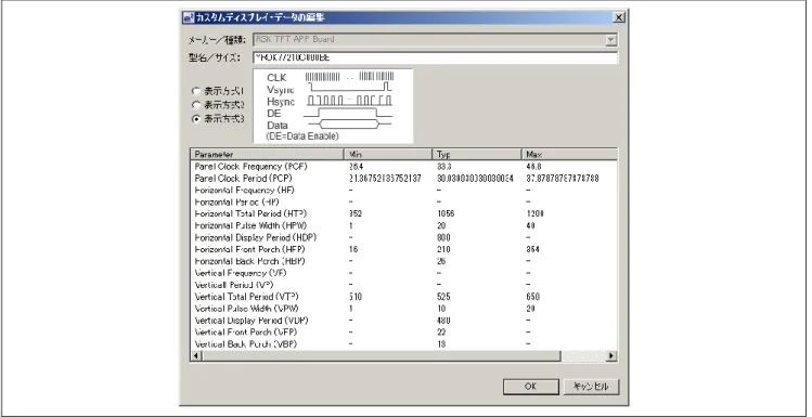 図  5-10。水平/垂直同期信号のタイミングを示す表  5-3、表  5-4。これらの制御タイミングを入力した結果 を図  5-12 に示します。Typ.に入力された値がタイミング制御に使用され、Min、Max については、"QE for 