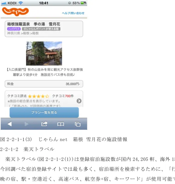 図 2-2-1-1(3)  じゃらん net  箱根 雪月花の施設情報  2-2-1-2  楽天トラベル    楽天トラベル(図 2-2-1-2(1))は登録宿泊施設数が国内 24,205 軒、海外 15,459 軒と 今回調べた宿泊登録サイトでは最も多く、宿泊場所を検索するために、「行き先、今 晩の宿、駅・空港近く、高速バス、航空券+宿、キーワード」が使用可能であります。    知ることのできる特集・キャンペーン情報には「ホテル・宿一覧、日帰り・デイ ユース、駅・空港付近の宿、連休空室検索、高級ホテル・旅