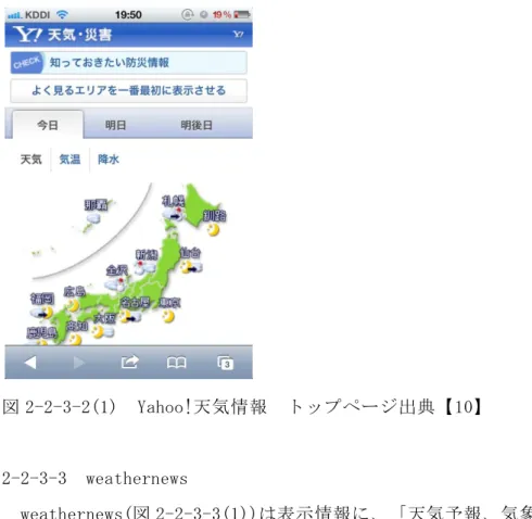 図 2-2-3-2(1)  Yahoo!天気情報  トップページ出典【10】  2-2-3-3  weathernews    weathernews(図 2-2-3-3(1))は表示情報に、「天気予報、気象警報、地震、津波、 台風、雨雲レーダー、衛星画像、天気図」があります。    API はありません。  図 2-2-3-3(1)  weathernews  トップページ出典【11】  2-2-4  飲食店検索 