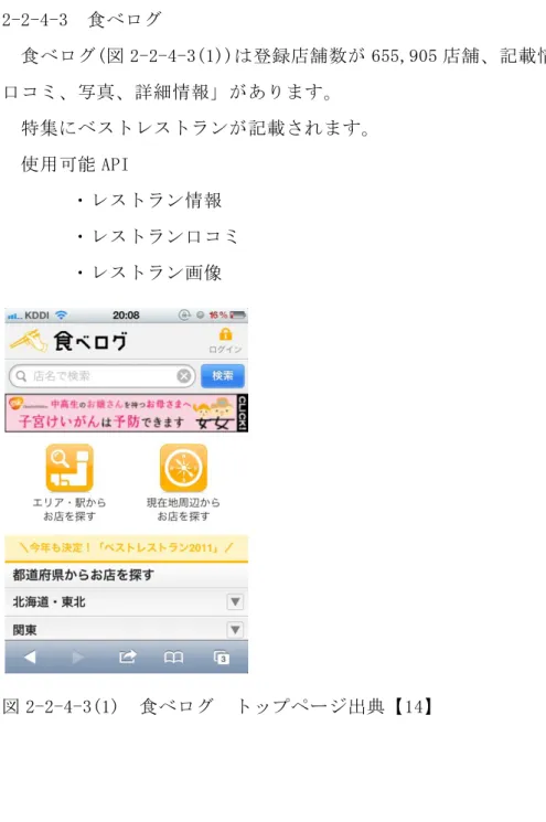 図 2-2-4-2(2)  ホットペッパーグルメ  千葉商科大学周辺の検索結果  2-2-4-3  食べログ    食べログ(図 2-2-4-3(1))は登録店舗数が 655,905 店舗、記載情報には「メニュー、 口コミ、写真、詳細情報」があります。    特集にベストレストランが記載されます。    使用可能 API  ・レストラン情報  ・レストラン口コミ  ・レストラン画像  図 2-2-4-3(1)  食べログ  トップページ出典【14】 