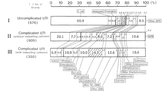 Fig.  2  Ratios  of  bacterial  species  according  to  the  type  of  urinary  tract  infection (1982-1986)