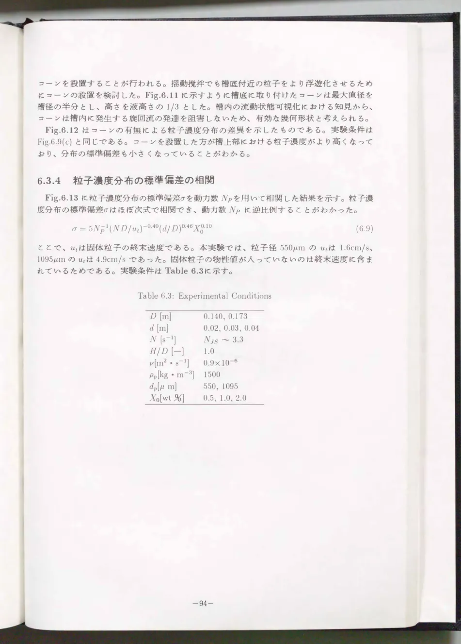 Table  6.3:  Experimental  Conditions  D  [m]  0.140， 0.173  d  [m]  0.02ヲ0.03， 0.04  N  [S-l]  NJS  ，_  3.3  H/D  [-]  1.0  ν[m2  •  s一1] 0.9x 10-6  ρp[kg・m-3] 1500  dp[μm]  550， 1095  XO[wt %]  0.5， 1.0， 2.0  