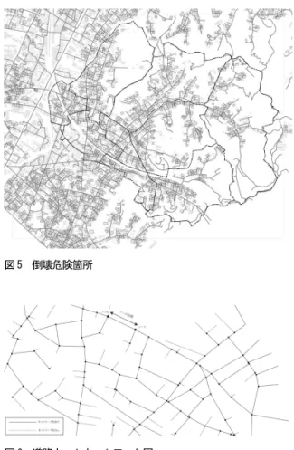 図 5  倒壊危険箇所  図 6  道路ネットネットワーク図  5-4. 評価結果  避難困難度評価及び最短経路検索結果を概観的に示し,  自治会の評価マップ例を次頁図 7 に示す