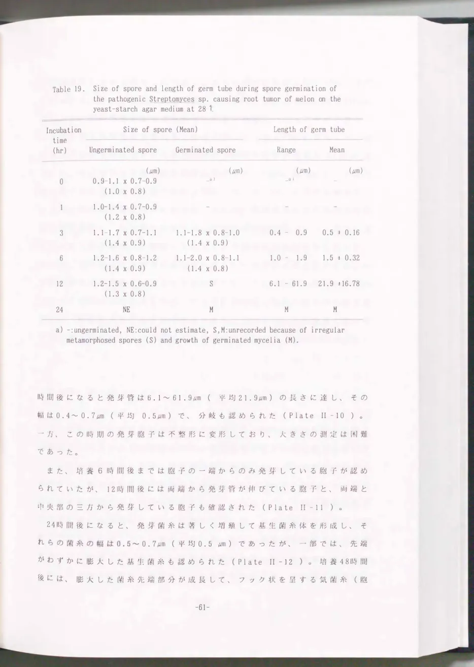 Table  19.  Size  of  spore  and  length  of  germ  tube  during  spore  germination  of  Incubation  time  (hr)  。 3  6  1 2  24 