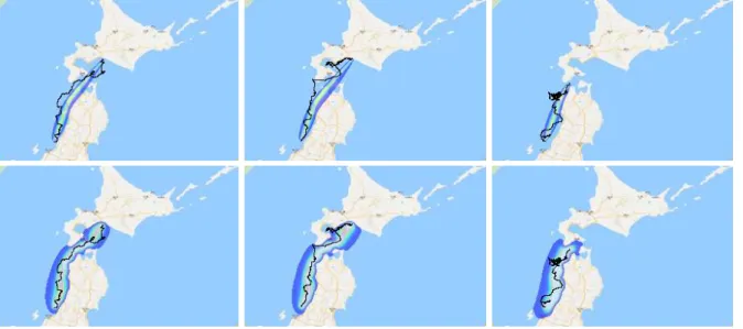 Figure 5. Predicted trajectories of female dataset. Upper row shows trajectories predicted with baseline [2] and bottom row shows those with proposed method