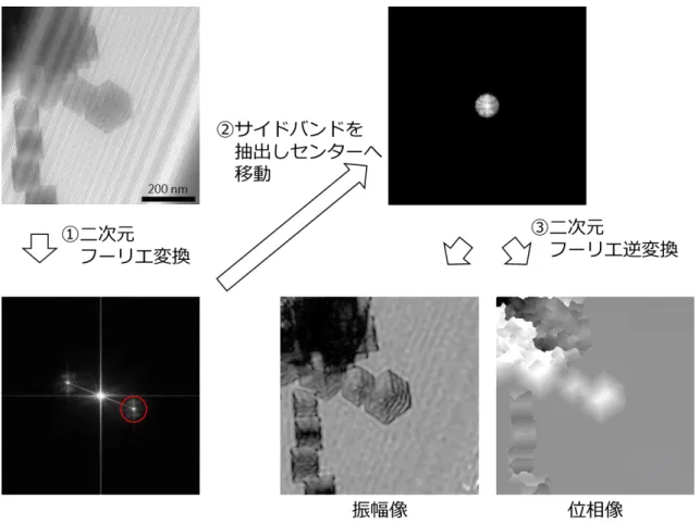 図 1-2  フーリエ変換法を用いたホログラムの位相再生法の手順  1.2  電子線ホログラフィーに関わる技術開発の経緯  試料内外の電磁場によって生じる電子の位相変調を高い空間分解能で検出する 場合には、TEM の実際の空間分解能が装置の光学系によって定まる分解能よりも大 きく劣るような条件では電子線ホログラフィーの分解能も劣化する。よって、高分解 能電子線ホログラフィーを行う際には、TEM の安定性阻害要因からの影響を十分に 小さくする必要がある。更に、微弱な位相変調を高い感度で検出するためには、干渉 