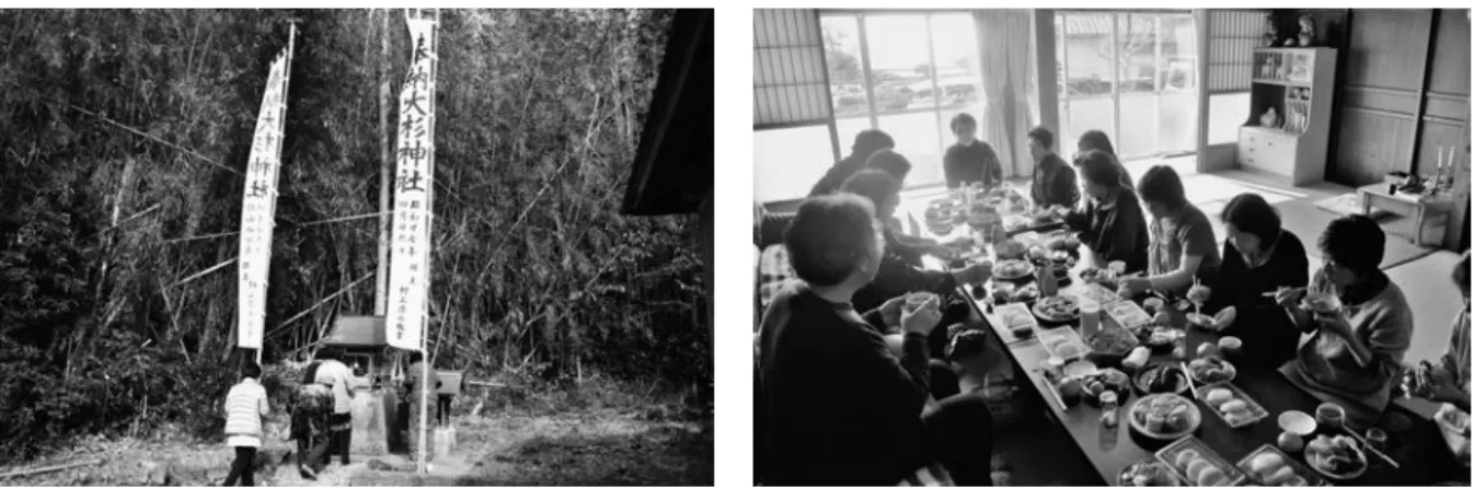 図 11　フナダマ（『気仙沼市史』Ⅶ・民俗宗 教編より転載）図 9　安波さま参詣（崎浜・下之平家） 図 10　安波さまのオツヤ（崎浜・下之平家） 図 12 オシルシと大漁飾り（気仙沼市 小々汐）（『三陸沿岸の漁村と漁業習 俗』（上）より転載）る。和船時代には主に帆柱に祀られることが多く、帆柱の前にある1 尺幅のエビス板では金物を使用することが禁忌とされていた。また、カシキ（炊事係）が主にフナダマのお供えなどの世話を行なった。機械船の時代になると、ブリッジ（船橋）に祀られるようになる。　参詣費には「金二円　御