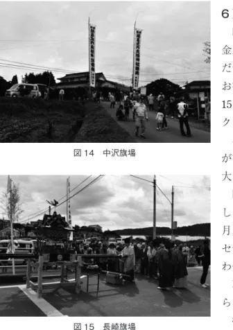 図 14　中沢旗場 図 15　長崎旗場 「幼い頃、沖からカツオ船が入ると、お土産にカツダンゴ （鰹団子） を貰って食べた。なにも無い頃だから、それが美味しくて楽しみだった」と語っていた。　また、高井の小野寺曉さん〈昭和10（1935）年生まれ〉は、「母親が鮪立の生まれで、幼い頃、鮪立に行って浜で遊んでいると大きな釜場があった。そこでカツオの節を湯煎する時には、ホシ（心臓）を一つずつ針金に刺して丸く輪の形にしたものを一緒に釜で煮ていた。それが鰹切場の軒 先にぶら下がっており、子どもながらにそれを欲しがると、「