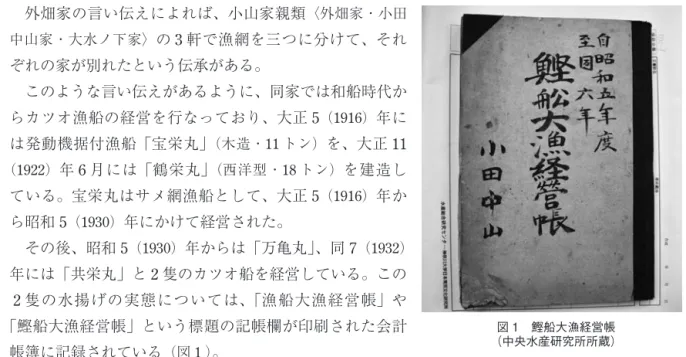 図 1　鰹船大漁経営帳 （中央水産研究所所蔵）　外畑家の言い伝えによれば、小山家親類〈外畑家・小田中山家・大水ノ下家〉の3軒で漁網を三つに分けて、それぞれの家が別れたという伝承がある。　このような言い伝えがあるように、同家では和船時代からカツオ漁船の経営を行なっており、大正5（1916）年には発動機据付漁船「宝栄丸」（木造・11トン）を、大正11（1922）年6月には「鶴栄丸」（西洋型・18トン）を建造している。宝栄丸はサメ網漁船として、大正5（1916）年から昭和5（1930）年にかけて経営された。　その
