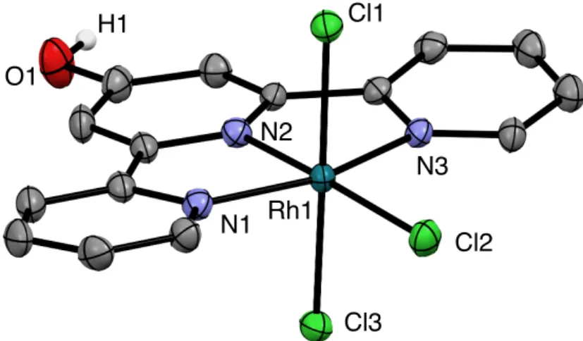 図 2-2  Rh_1 の ORTEP 図  (ellipsoids at 50% probability).  溶媒分子  (N,N-ジメチルアセトアミド)  および O-H 以外の水素原子は省略している