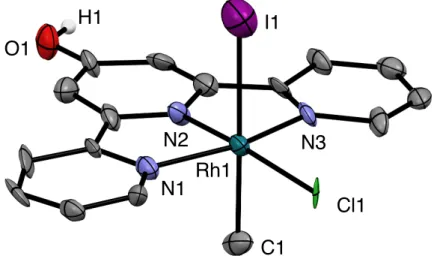 図 2-8 Rh_3 の ORTEP 図   (ellipsoids at 50% probability). O-H 以外の水素原子は省略している .