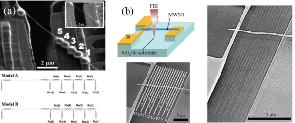 Figure 1.4 Schematic illustrations of the experiments in which length dependence of thermal  conductivity of MWCNT was studied