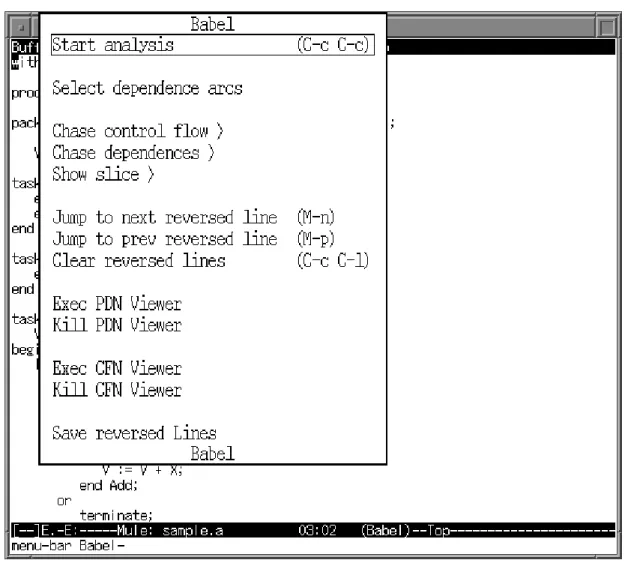 図 4.6: メニュー表示 第 4.2 節で述べたように、本環境は Emacs エディタ上に構築されている。図 4.6 に、 Emacs で簡単な Ada プログラムを読み込んで本環境を起動し、環境のメニューを表示している画面を 示す。現在この環境で利用可能な機能は全てこのメニューから呼び出すことができるように なっている。また、ユーザは各種機能を好きなようにキーボードに割りあてて簡単に呼び出せ るように設定することもできる。メニューの項目の右側の括弧内の表示がそのコマンドに割り 当てられているキーを表して