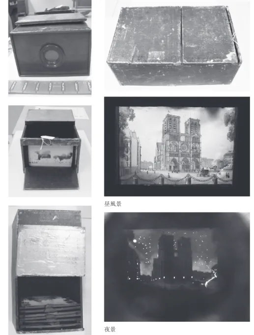 図 15  Dioramic peepshow viewer（Item Number: 69056）（wood / glass / paper）（レン ズ径は約 1.5 インチ，箱は 6 × 10.5 × 4 インチ）  絵は 7 枚組．昼風景夜景 大きい底面には白い紙が貼られ，中を覗くとテムズ・トンネルが現れる．奥行きを錯視させる装置である．テムズ・トンネルの開通に伴い，トンネルブックやこのような覗き箱でその奥行きを錯視させる玩具が流行ったと思われ，所々の館でテムズ・トンネルと題して収集展示されている．