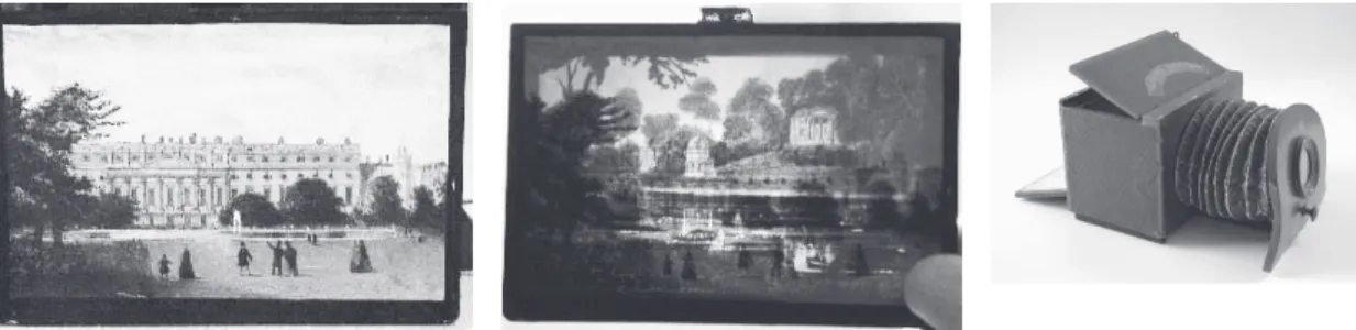 図 16  Polyorama  panoptique（1855 年頃）（Material:  wood  ⊘  paper  ⊘  glass）絵は 5 枚組．蛇腹は紙製．左は昼景 （上部採光），右は夜景（背面透過光），同じ 1 枚のボードであるが，全く違う景色が現れる．（レンズ径 1.2 イ ンチ，全長 8.5 インチ）きには7 枚の絵を全部箱に入れるが，見るときには 1 枚ずつにする．昼景と夜景を楽しむ様になっており，上部後方蓋を開け，背面の蓋を閉じると昼の光景となる．逆に上蓋を閉め，後部背面の蓋を開