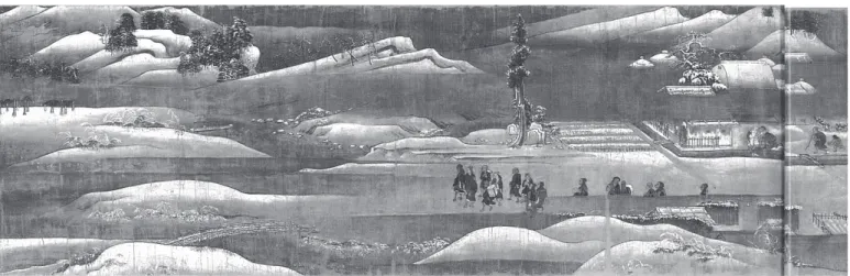 図 9 『一遍聖絵』巻五第四段 常陸の雪の情景（清浄光寺蔵）（口絵 13 参照）（7）　鎌倉入阻止場面の桜  一遍一行は，小野寺・白河関を越え，奥州江刺にたどりつく．北上まで目指したのは祖父河野通信の墳墓を訪ねるためだっ（29） た．祖父通信の墓で供養を終えると，松島・平泉をまわり常陸国に差しかかる．『聖絵』巻五第四段の常陸の場面は雪一面の情景である．画面手前に一遍一行が歩いており，奥には一本の大きな杉がそびえている（図9）． この一本杉は神霊が宿る神木とみられ，この杉を基点に雪景色に変わると考えられてい（