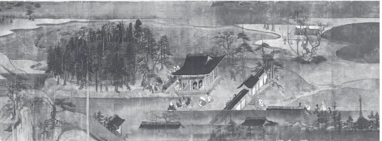 図 11 『一遍聖絵』巻八第五段 太子廟墳墓（清浄光寺蔵） 妃になり，この廟で眠っている．一遍の奇瑞とは，阿弥陀三尊が一遍の眼前に出現し，極楽浄土を見 たことであ （36） る．  太子廟場面の拝木や，太子廟の墳墓を囲む樹林は浄土と捉えられる．境内の桜は一部の背景として 描かれ，浄土を表す．桜が地面に花びらを広げるのは，この世に極楽浄土を実現させるための散華と 考えられ （37） る．一遍は極楽浄土に生まれることを保証された．一遍は一面の鏡を献上した．境内には融 通念仏の始祖，良忍の墓もあっ （38） た．