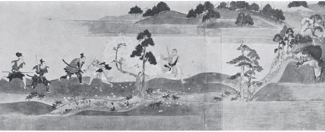 図 15 東博本『遊行上人縁起絵』図 14 清浄光寺本『遊行上人縁起絵』 世と縁が切れていることが理解できる．『縁起絵』最初の場面は，一遍の周囲には避けられない多くの問題を集約した場面で，俗世を捨てる要因や契機を示している．『縁起絵』は，すさまじい劇的な場面から始まるが，次の熊野参詣場面に物語を展開させる拍車となっている． 物語の内容が同じでも，甲本・乙本のように構図が異なる．模写をする画師が，鑑賞者に理解されやすいように構成を創意工夫した結果が，差異を生み出した．ここに画師の歴史性を見ることができる．同じ