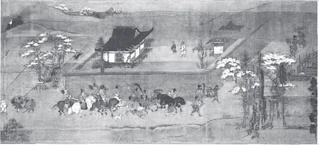 図 1 『一遍聖絵』巻一第一段 大宰府帰参（清浄光寺蔵） はながいろ月がひかりとながむればこころはものをおもはざりけり  花は咲くときがくれば咲き，散るときがくれば自然に散るのと同じように，自分の身も自然の法則にまかせたままである．花には花の色，月には月の光がある．ただそれを，何もとらわれることなく眺めていれば，心も無心でいられる． つづいて『聖絵』巻六の詞書に散華にかかわる記述がある．中国の道綽禅師が念仏をしていると，空に仏があらわれ，天の花が降りそそいだ．その色は真白で空を覆うように花で満ちたりていたと
