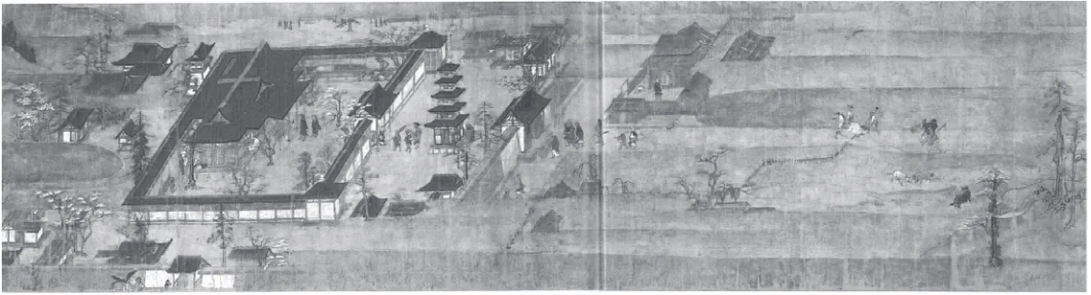 図 3 『一遍聖絵』巻一第三段 善光寺参詣（清浄光寺蔵） 図 4‑a 『一遍聖絵』巻二第二段 桜井里（清浄光寺蔵）  『聖絵』巻一第三段に善光寺の伽藍が広がり，その配置が分かる．善光寺の伽藍配置では，生身の阿弥陀仏である本尊に続く参道が白道を表している．善光寺の境内やその周囲には桜が咲き，善光寺を取り囲む．とくに楼門近くの桜が際立ち，参詣する人びとを迎えている（図 3）．善光寺が東国の阿弥陀浄土を示すかのように，楼門の桜は俗世と阿弥陀浄土の境界線を表している．楼門の桜は冥土の神仏を迎え入れる出入口であろう．