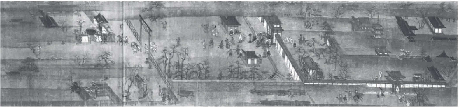 図 5 『一遍聖絵』巻二第三段 四天王寺参詣（清浄光寺蔵） 縁では白衣姿の僧が合掌する．画面左は満開の桜の下で一遍一行が左方向に歩きだし，一方，聖戒は右方向に進み，振り向きながら別れを惜しむ．振り向くことで左方向が強調され一遍一行に視点が集中する．一遍と聖戒の間の小川は別れを表し，過去と未来，物語の展開の分岐点といえよう．満開の桜の根元に花びらが散らばり，上空には花びらが舞う． 『法然上人絵伝』巻三十三第四段には，法然が流罪となり，九条兼実がそれを嘆き法性寺の小御堂に法然を一夜留め，別れを惜しむ場面がある．