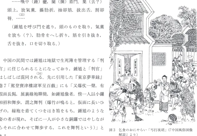 図 3   乞食のおにやらい「丐打夜胡」（『中国風俗図像 解説』より）   ……喚中（鍾）姥，蘭（攔）着門．棄（去？） 頭上，放氣薰．攝肋折，抽卻筋．拔出舌，割卻脣．…（33）… （鍾馗を呼び門を遮り，頭のものを取り，氣薰を放ち（？），肋骨をへし折り，筋を引き抜き，舌を抜き，口を切り取る．） 中国の民間では鍾馗は地獄で生死簿を管理する「判官」に任じられることになっており，鍾馗と「判官」はしばしば混同され（34）る．先に引用した『東京夢華録』卷7「駕登寶津樓諸軍呈百戲」にも「又爆仗一聲，有假面長髯，展裹綠袍鞾