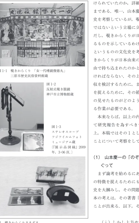 図 1 覗きからくりさまざま けられていたのか，詳細なところはわからないままである．唯一，山本慶一が覗きからくりの発達史を考察しているが，覗きからくりは外来の文化ではないという立場に立ち論考を進めている．ただし，覗きからくりが日本由来であるという確たるものを示しているわけではない．覗きからくりというものの文化史を考える上では，まず先に覗きからくりが日本由来のものか，国外から長崎経由で持ち込まれたのかという点について検討しなければならない．その上で，外国文化の受容と吸収を検討するために，または日本文化の中で展