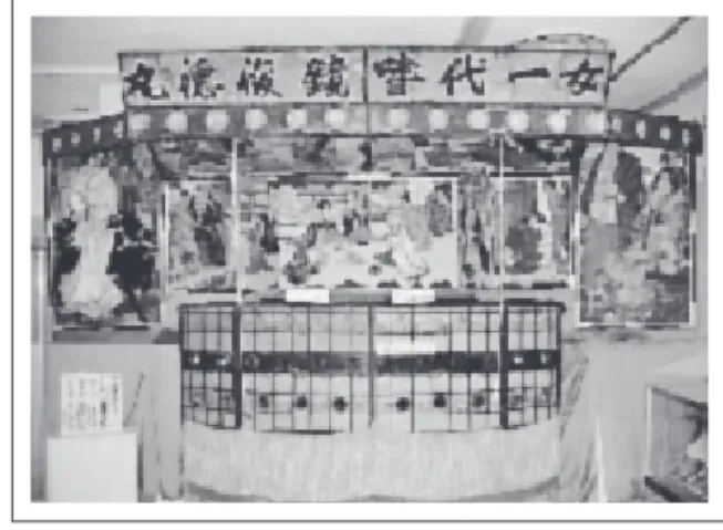 図 1 覗きからくり「女一代嗜鏡俊徳丸」（三原市歴史民 俗資料館蔵）はじめに  筆者は，これまで「覗きからくり」について研究，調査を進めてきた．「覗きからくり」とは，レンズを通して箱の中を覗き込む装置である．それは日本のプレ・シネマ史において長期間存在した視覚光学装置であり，光と影のイリュージョンを見せる．その覗きからくりに関連する収集資料の中に「西洋眼鏡（セイヨウメガネ）」と呼ばれる一群のものがある．興味深いことに，その「西洋眼鏡」は，期間限定的に雨後の竹の子の如く明治前半の資料中に現れ，ある時期を境にほ
