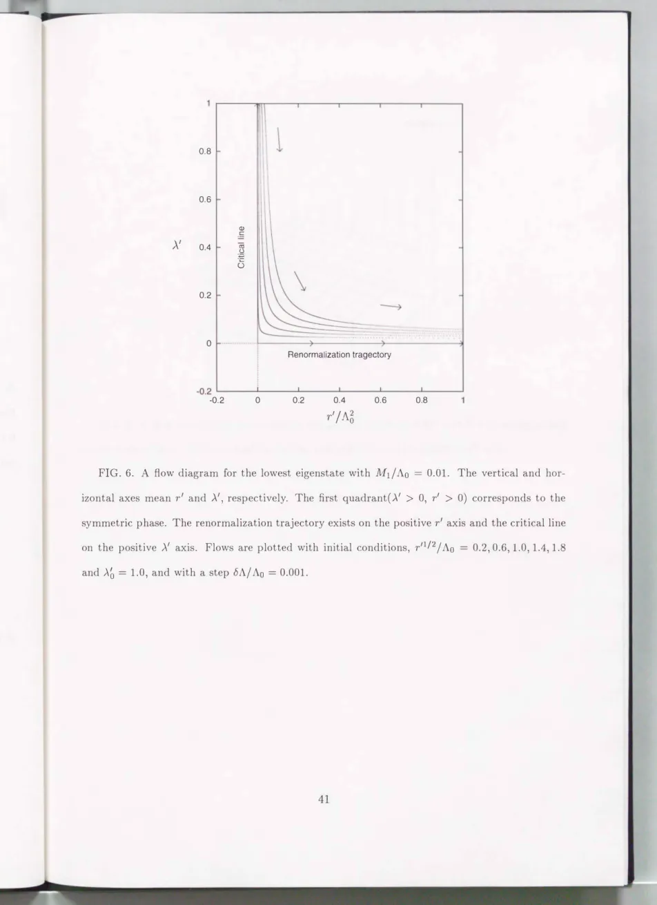 FIG.  6.  A  flow  diagram  for  the  lowest  eigenstate  with  M1/ Ao  =  0.01.  The  vertical  and  hor- hor-izontal  axes  mean  r'  and  >..',  respectively