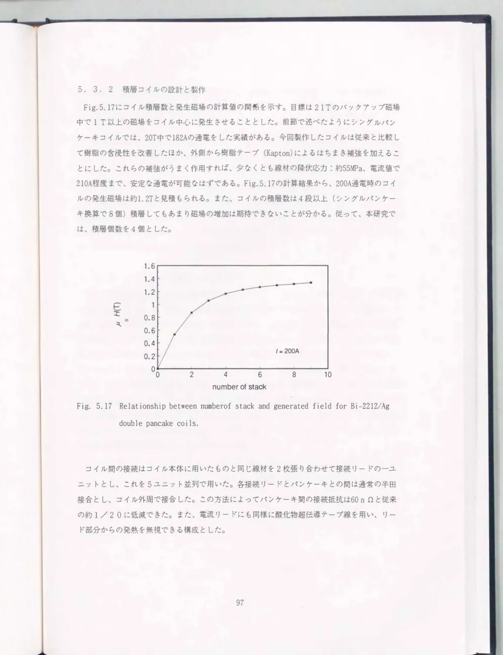 Fig.  5.17  Relationship  between  numberof  stack  and  generated  field  for  Bi-2212/Ag  double  pancake  coils
