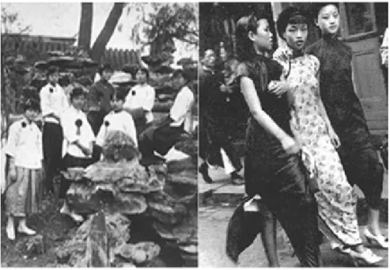 図 15　文明新装（左）とチャイナドレス（右） 　1920 年代半ばからは、様々な西洋の流行や思想が全面的に中国に入り込み、生活のいたるところ に浸透していた。西洋女性の化粧、真っ赤な唇、あらわになった胸と肩、つまり性的魅力を表現する ファッションは、一時期に上海などの大都市で流行したが、抗日戦争の勃発と蒋介石政府の「新生活 運動」により、すぐに消え去っていった。 　一方、時代が経つにつれて、身体の解放と共に、女性の経済的独立も強調された。1932 年 8 月 7 日付『申報』「女子解放万歳」（図 16）で