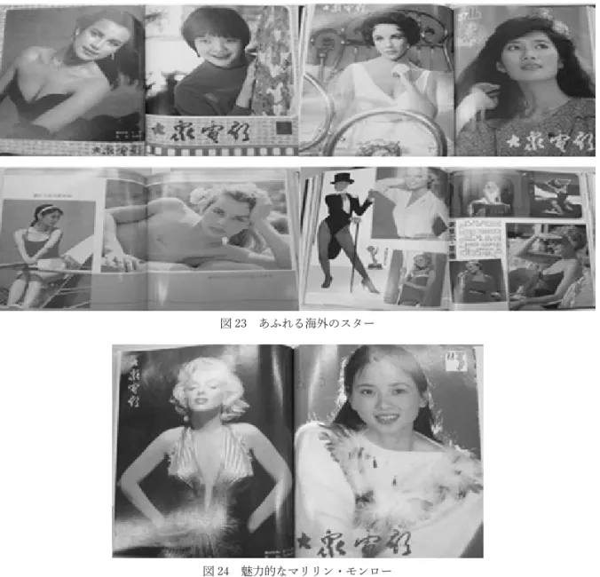 図 23　あふれる海外のスター 図 24　魅力的なマリリン・モンロー 　「1980 年代において、『大衆電影』は中国で最も流行な雑誌であり、雑誌に掲載しているスターの 写真を見本に、若者たちはこれを真似していた」（尹丛丛 2014:40－42）。このように、海外から大量 に流れ込んでいた性的な誘惑を強調する欧米風の女性像は、『大衆電影』を代表とする娯楽雑誌を経 由して、多くの女性に影響を与えた。 　これに関して、警戒の声、例えば「表紙の効果―脱ぐ、あるいは脱がない」（原題：封面照效应： 脱， 还 是不脱 （