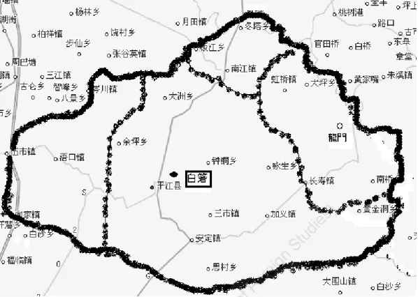 図   10  喩深根( 1983 )による方言区分 この区分に関しては、筆者は適切ではないと考えている。筆者の調査によれば岑川と栗 山の音韻特徴は大きく異なっており、同じ方言地域に分類するのは適切ではない。 その上、 長寿と南江の音韻、語彙や文法の各面から見られる相違は岑川と栗山の相違より小さい。 故に、この研究のように栗山と岑川を同じ方言地域に分類するなら、南江と長寿を分ける 必要はまったくない。これは各地の方言を詳しく調査しないとわからないもので、喻深根 氏は平江諸方言の実情を十分に把握していないこと