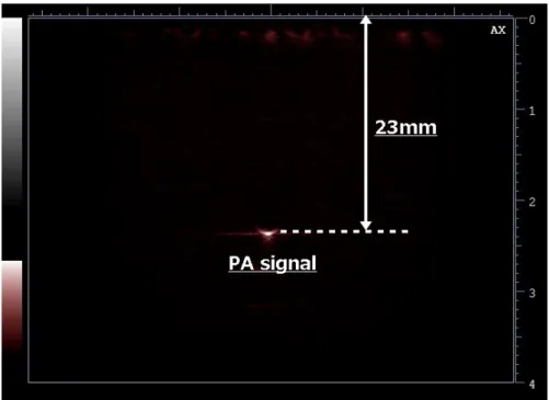 Fig. 5-3 Example of scanned photoacoustic image. Photoacoustic signal is 23mm deep  under the probe transducers