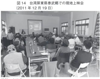 図 14　台湾屏東県泰武郷での現地上映会 （2011 年 12 月 19 日）　　　　　　　　　 撮影：高城玲　次の第2回目は、2011（平成23）年12月16-20日に1回目と同じ地域で現地上映会と調査を行っている。特に12月18日には、屏東県三地門郷の台湾原住民族文化園区内会議室にパイワン族頭目の末裔等5名に集まってもらい、映像の上映を中心とする聞き取りを行った。また翌日の12月19日には、前年と同じ会場の屏東県泰武郷公所に近隣のパイワン族住民約40名に集まってもらい、プロジェクターを利用しながら比較的