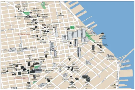 図 2.1 Automatic Generation of Tourist Maps で強調表現がなされる。図 2.2 のようにノードとパスとなった矩形は拡大され、それ以外 の矩形は縮小される。単一の矩形のなかでは同一の縮尺で地図が表示されるため、通常 の地図と同様に読む事ができる。この手法は、行動中のユーザーが自分自身の行動を把 握する際に利用できる。 MyGlobe は、パスとランドマークをそれぞれ個別に強調表現を行う。 MyGlobe のパス の生成はこの研究と同様に通過する頻度が多い場合と速度が遅い