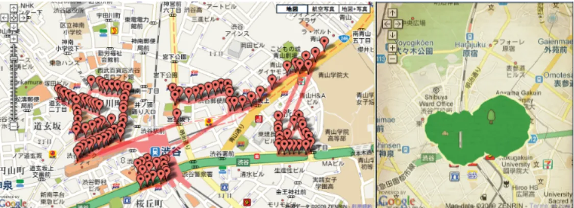 図 4.11 島のレンダリング ザーが通った道として推定して、そのポイント同士を直線によって繋ぐことによって道 のレンダリングを行う。 • 位置情報の取得時間が連続している。 • 離れている距離が 50 メートル以内に存在する。 • 出現頻度が近似している。 繋ぐ線の太さは、繋がれた各ポイントの出現頻度の平均によって算出される。各直線 の太さは、出現頻度の平均に比例してレンダリングされる。出現頻度の平均が一定未満 の直線は表示されない。直線の太さには、閾値が設定されており、閾値を超える太さに なる直線は、一
