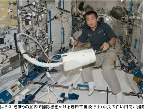 図 4.2-3   きぼうの船内で掃除機をかける若田宇宙飛行士（中央の白い円筒が掃除 機本体、右手に持っているのが吸い込みノズル） 