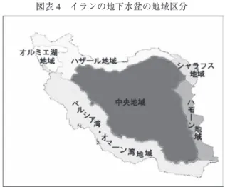 図表 4　イランの地下水 の地域区分 図表 5　イランの主な 6 つの地下水 で年間消費される地下水量（100 万 m 3 ） 地下水 で分けた地域 井 カナート 合計 ール地域 439 0 480 3000 7830 ルシア湾・オマーン湾地域 10080 1060 15240 26380 オルミ 地域 19 70 230 120 2320 中央地域 259 30 579 0 2470 34180 モーン地域 800 400 60 1260 シャラフス地域 1730 29 0 350 2360 合計 448