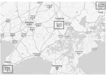 Fig. 1 The locations of Yanji, Tonghua, and Dalian 