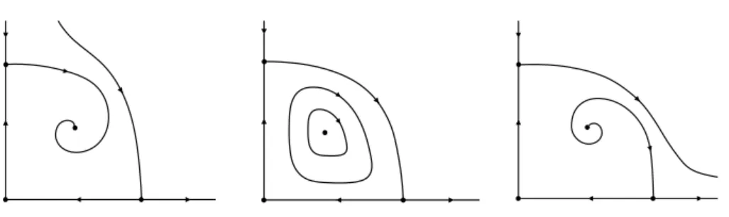 図 4.1 (4.2) の相図の模式図．左から µ < µ ∗ , µ = µ ∗ , µ > µ ∗ に対応する . ここで α = 2(1 − c)/( − 1 − bc), β = 2(1 + b)/( − 1 − bc), γ = (1 + b)/(1 − c), − 1 − bc > 0 である． 先に述べたように，図 .4.1 （中央）で得られた 3 つの平衡点を繋ぐヘテロクリニック軌道は， φ j (r, x) が S 1 -symmetric を保つようなものであれば， 3