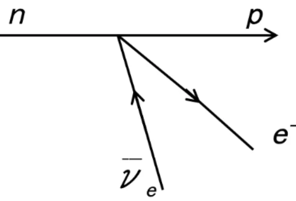 図 1 4- フェルミ相互作用で表現した、中性子の β 崩壊のファインマン図。中性子から 陽子と電子と反電子ニュートリノに直接崩壊する。 図 2 現在の弱い相互作用の理論で表現した、中性子の β 崩壊のファインマン図。 W − ボソンを媒介して、電子と反電子ニュートリノに崩壊する。 2.2 ミューオンの崩壊 ミューオンの崩壊は、弱い相互作用の代表的な現象の一つである。ミューオンは物質の 基本的な構成粒子であるレプトンの一種であり、電荷を持つスピン 1/2 の素粒子である。 弱い相互作用により、ミューオンは同