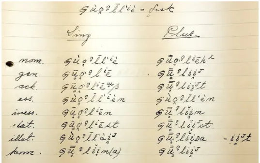 Fig. 3 Pite Saami noun paradigm by Israel Ruong, archived at Institutet f ¨or språk och folkminnen, Uppsala.