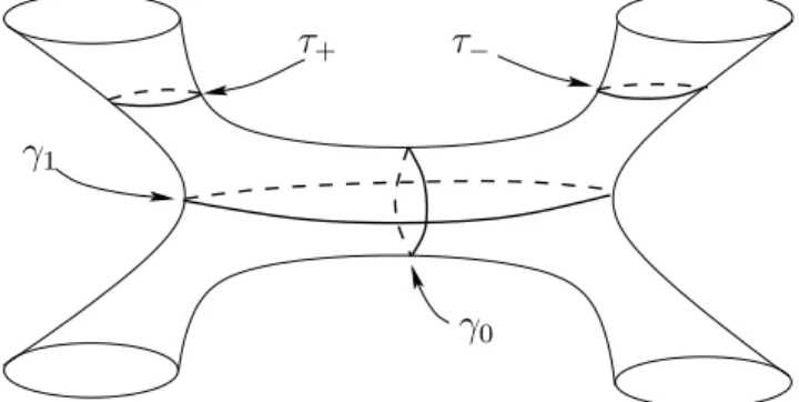 Figure 1: 1-cycles on Σ. {γ 0 , τ + , τ − } is a basis for H 1 (Σ, Z). Proposition 3 Let γ 0 , τ ± be as described above, and set
