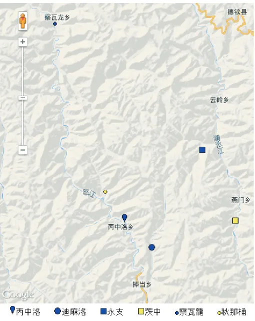 図 2 Bodgrong 方言の近隣に分布する方言の分布（ 1.1 参照）