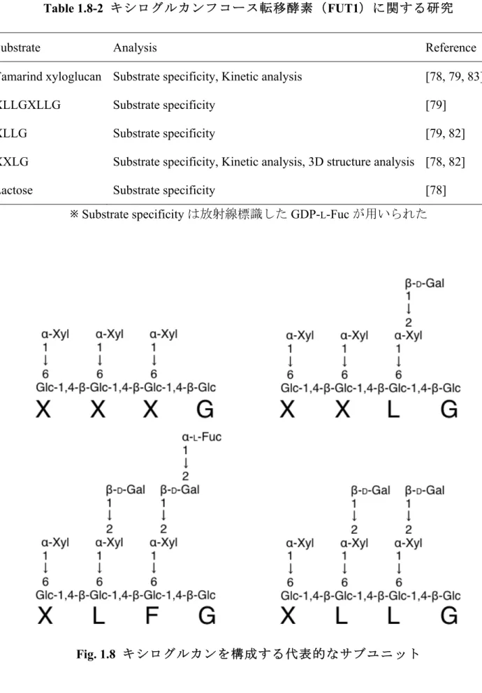 Table 1.8-2  キシログルカンフコース転移酵素（FUT1）に関する研究