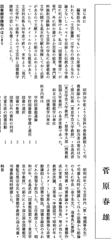 図 書 館 学 課 程 と 文 芸 科 菅 原 春 雄はじめに編集担当から︑何でもいいから原稿をといわれても﹁文芸論叢﹂は学生の論文と先生の論文ないしエッセイを収録した伝統ある学術誌に何が書けるか︒私は﹁図書館情報学﹂が専門︑外に何か書けるか思案の結果︑専門資料論担当経験から文芸科の学生に必要最低の文学に関する基本的文献を理解しておく必要があるので文献リストの紹介に止めようと思っていたら︑タイトルのような提案があり︑文芸科名称も99年度で終り︑来年より﹁現代文化学科﹂に改称するので文芸科と図書館学課程での思