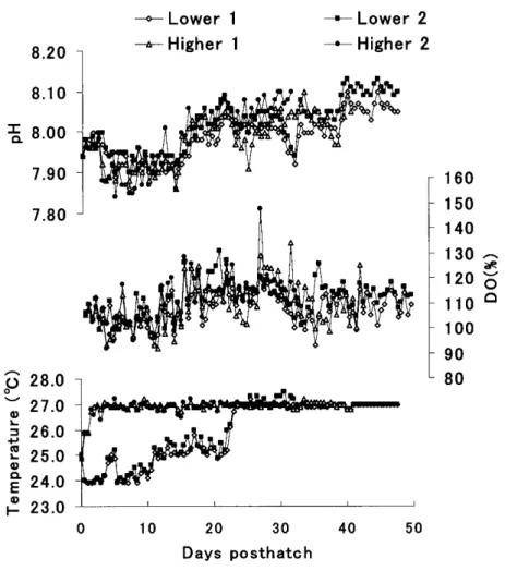 Fig.  I-1.  Temperature  (lower  stand),  dissolved  oxygen  (DO)  concentration  (middle  stand),  and  pH  (higher  stand)  in  the  rearing  water  of  Pacific  bluefin  tuna  larvae  and juveniles  in  four  rearing  tanks